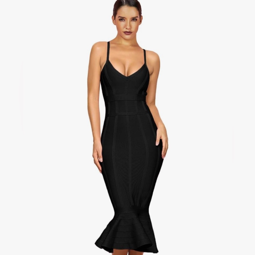 Maketina Women’s Mermaid Spaghetti Strap V Neck Bandage Dress Midi Large